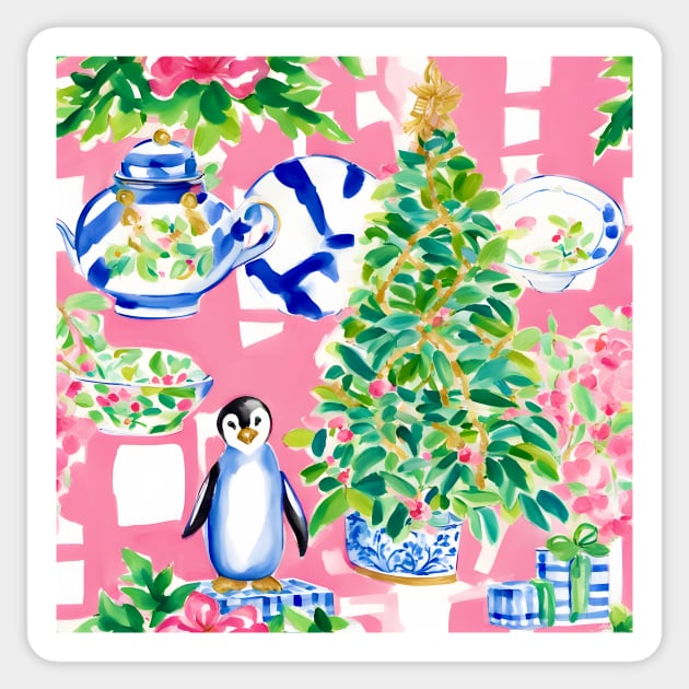 Cute preppy penguin and Christmas tree Sticker by SophieClimaArt